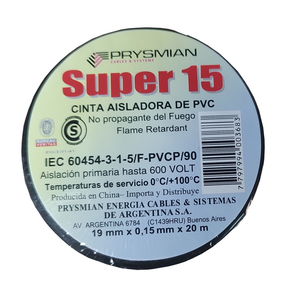 Cinta Aisladora Prysmian PVC Super 15 0,15 mm x 0,19mm x 20 metros Negro