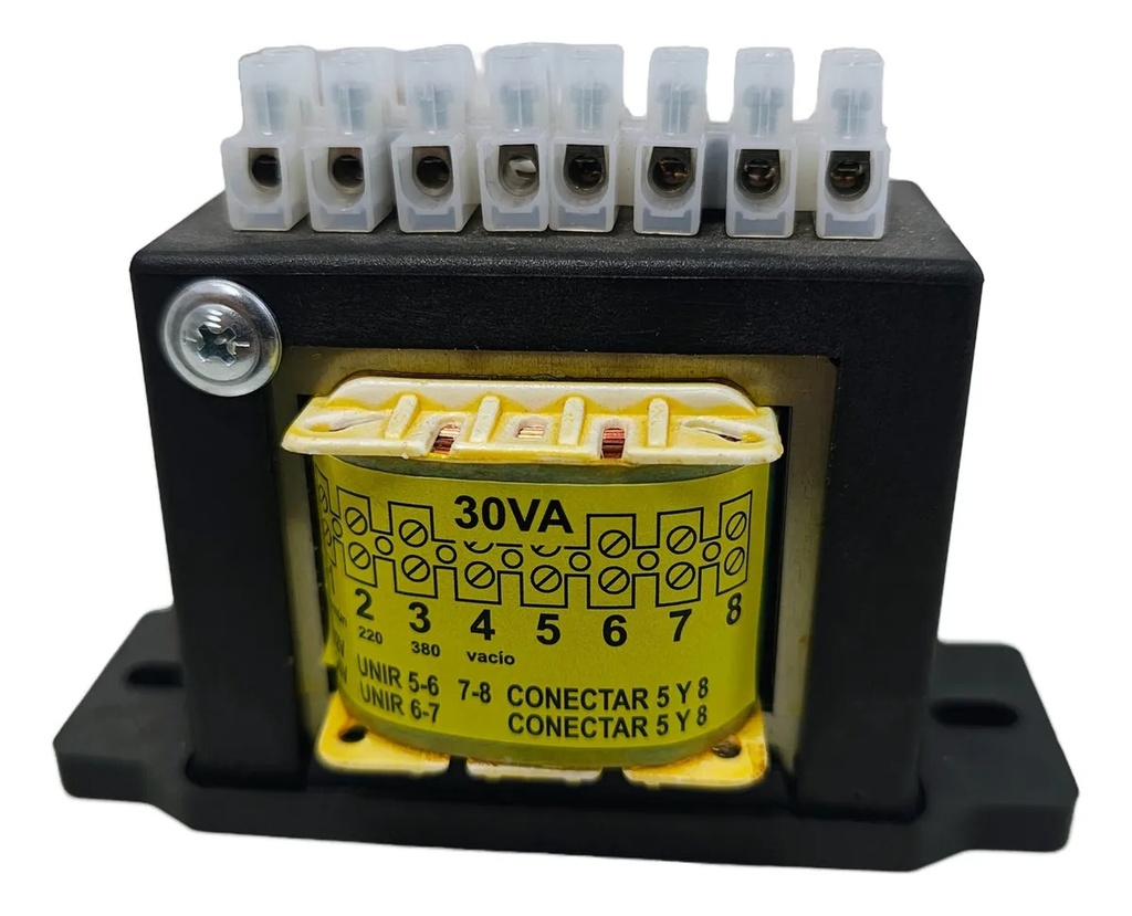 Transformador Multitensión Standard Potencia:30 V.A. Frente:105 Alto:80 Fondo:75 Peso:1 K.