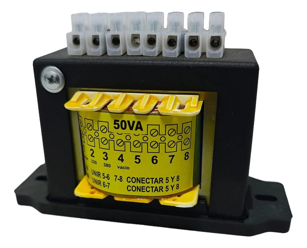 Transformador Multitensión Standard Potencia:50 V.A. Frente:108 Alto:80 Fondo:80 Peso:1.3 K.