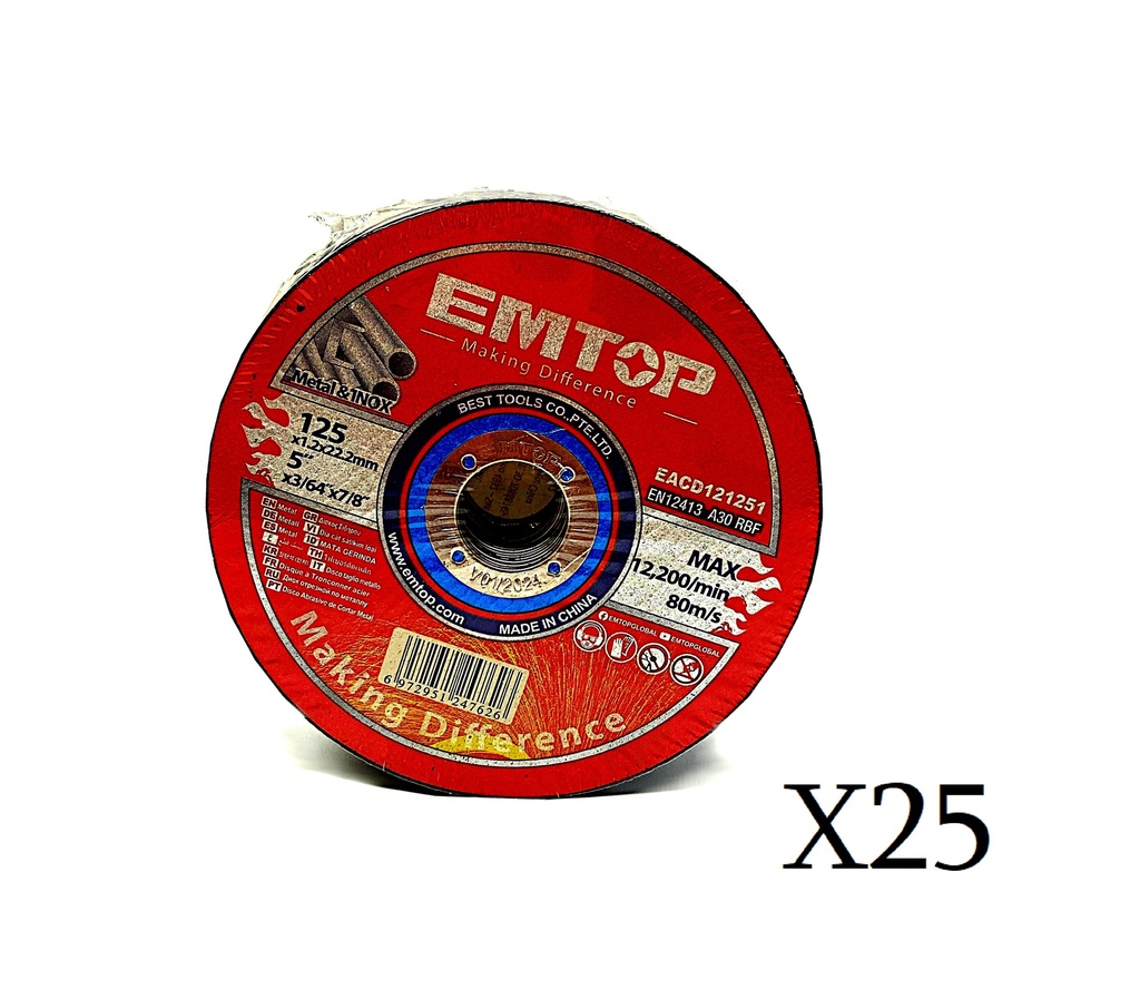 Pack x 25 Discos De Corte 125mm X 1,2mm Emtop