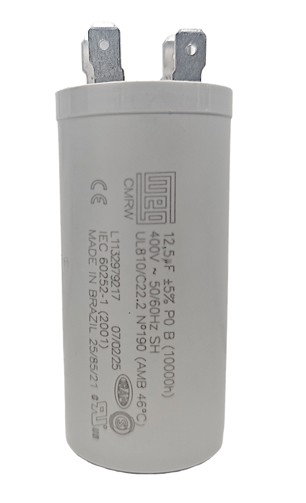 CONDENSADOR ILUMINACIÓN-MOTORES WEG -400vca CMLW - IEC 60252-1 12,5uf. x 400vca. Fast-On Caja x 70 unid.