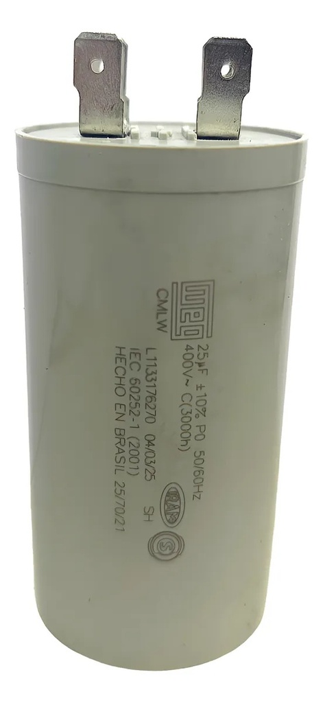 CONDENSADOR ILUMINACIÓN-MOTORES WEG -400vca CMLW - IEC 60252-1 25uf. x 400vca. Fast-On Caja x 30 unid.