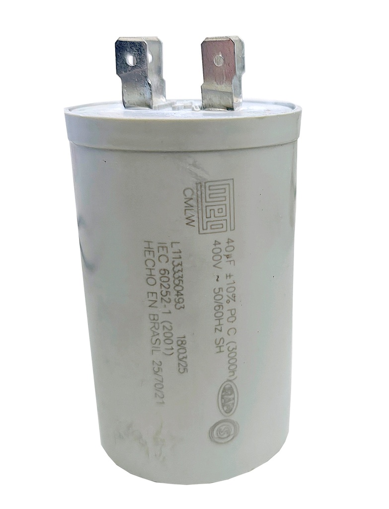 CONDENSADOR ILUMINACIÓN-MOTORES WEG -400vca CMLW - IEC 60252-1 40uf. x 400vca. Fast-On Caja x 30 unid.