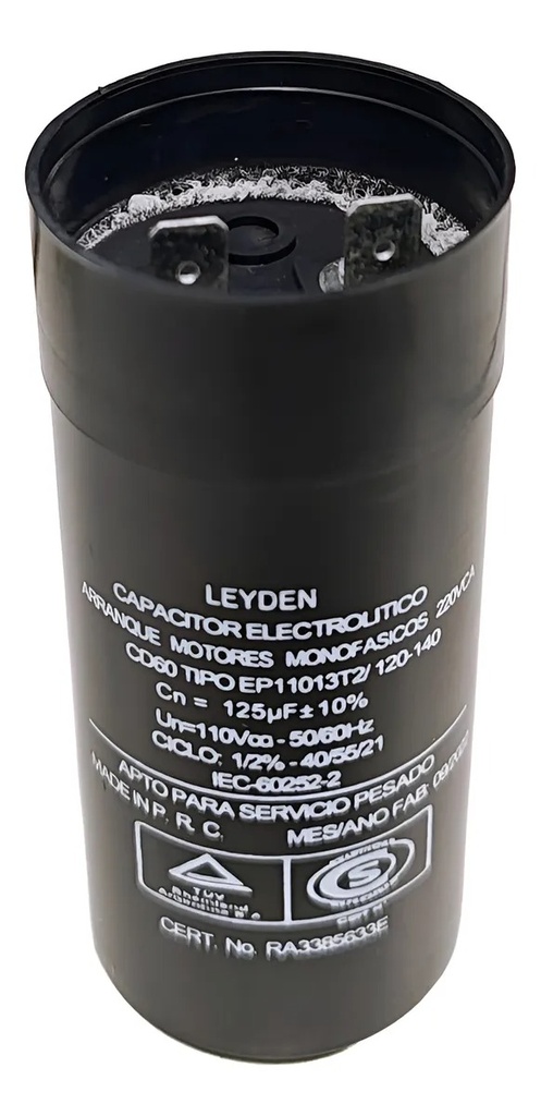 CAPACITOR ELECTROLÍTICO PARA ARRANQUE DE MOTORES EN 220vca 120 / 140 uf.