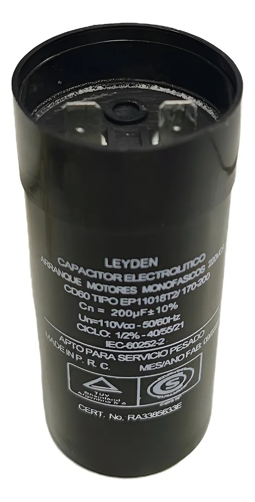 CAPACITOR ELECTROLÍTICO PARA ARRANQUE DE MOTORES EN 220vca 170 / 190 uf.