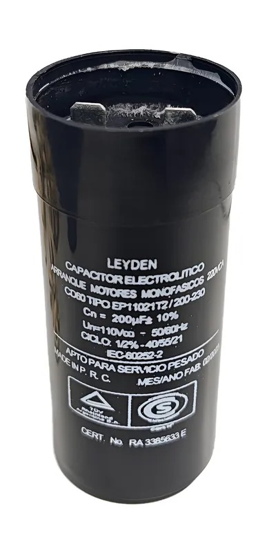 CAPACITOR ELECTROLÍTICO PARA ARRANQUE DE MOTORES EN 220vca 190 / 210 uf.