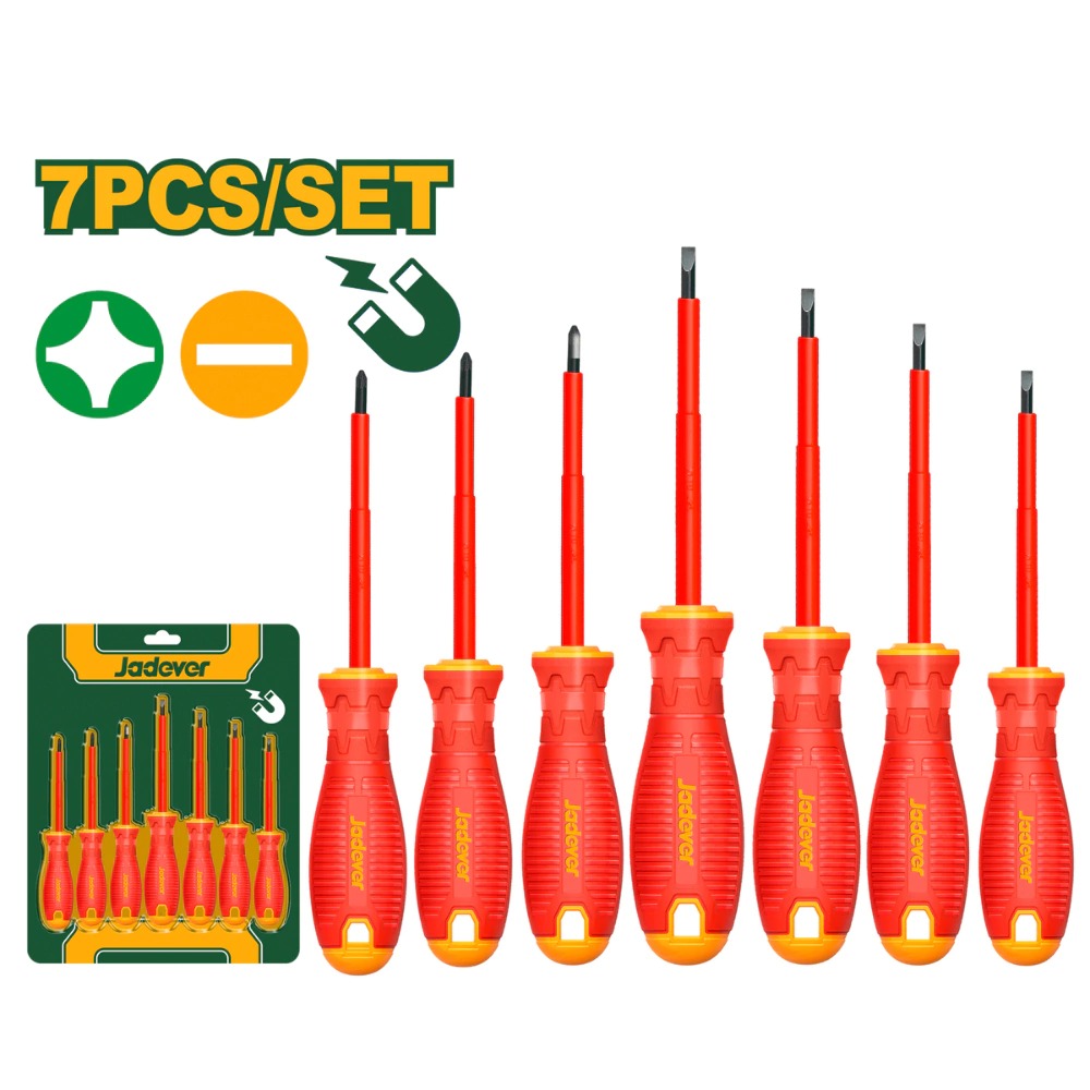 Kit de destornilladores aislados de 7 piezas - Planos: SL3.0 - SL4.0 - SL5.5 - SL6.5 + Phillips: PH0 - PH1 - PH2 - Ailsación: 1000V - Mango de agarre suave rojo