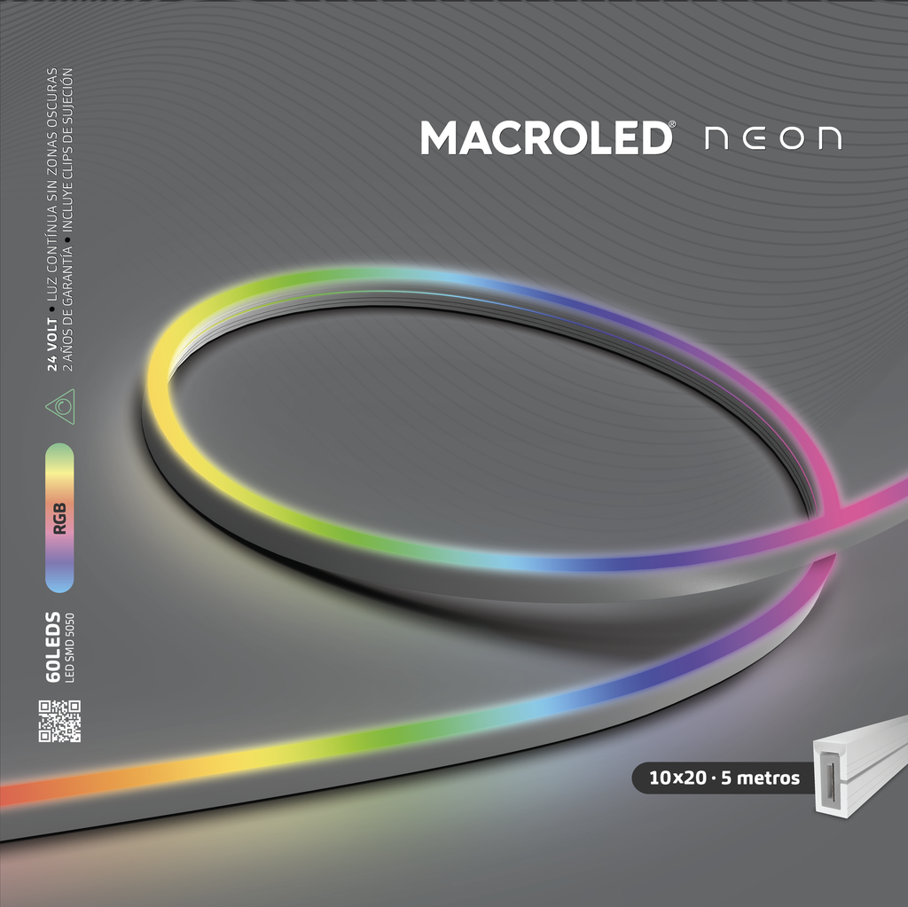 TIRA NEON 10X20  MACROLED RGB, DC24V, 14W/M, 60LED/M, 10MM DE ILUMINACION, IP65, LARGO 5M, CORTE A 50MM