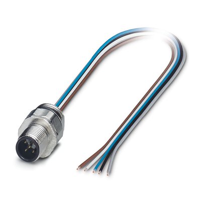 Macho de montaje incorporado para sensores/actuadores, 5 polos, M12, codificado A, montaje en paredes delanteras/montaje atornillado con rosca Pg9, posicionable, con hilo TPE de 0,5 m, 5 x 0,34 mm²