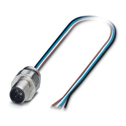 Macho de montaje incorporado para sensores/actuadores, 4 polos, M12, codificado A, montaje en paredes delanteras/montaje atornillado con rosca Pg9, posicionable, con hilo TPE de 0,5 m, 4 x 0,34 mm²