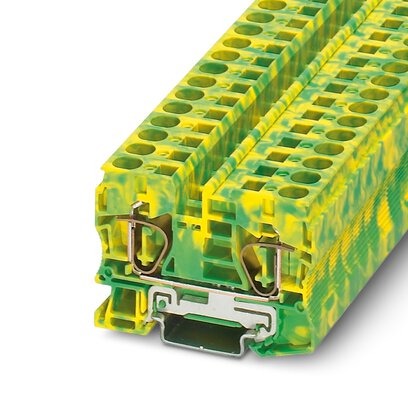 Borne de tierra para carril, tipo de conexión: Conexión por resorte, número de conexiones: 2, sección:0,2 mm² - 16 mm²,  AWG: 24 - 6, anchura: 10,2 mm, color: amarillo-verde, clase de montaje: NS 35/7,5, NS 35/15