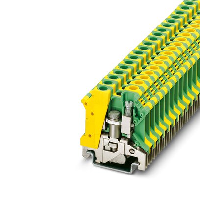 [PHO0442079] Borne de tierra para carril, tipo de conexión: Conexión por tornillo, número de conexiones: 2, sección:0,2 mm² - 10 mm²,  AWG: 24 - 8, anchura: 8,2 mm, altura: 45,8 mm, color: amarillo-verde, clase de montaje: NS 35/7,5, NS 35/15, NS 32