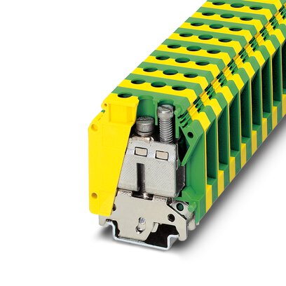 [PHO0444019] Borne de tierra para carril, tipo de conexión: Conexión por tornillo, número de conexiones: 2, sección:0,75 mm² - 50 mm²,  AWG: 18 - 1/0, anchura: 15,2 mm, color: amarillo-verde, clase de montaje: NS 35/7,5, NS 35/15, NS 32