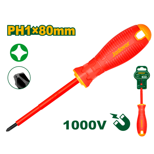 [CORJDSD7213] Destornillador aislado Phillips PH1 - Punta magnética - 5mm x 80mm - Vástago redondo: 5mm - Aislación 1000V - Mango redondo