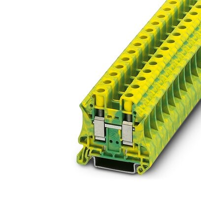 [PHO3044173] Borne de tierra para carril, tipo de conexión: Conexión por tornillo, número de conexiones: 2, sección:0,5 mm² - 16 mm²,  AWG: 20 - 6, anchura: 10,2 mm, altura: 46,9 mm, color: amarillo-verde, clase de montaje: NS 35/7,5, NS 35/15
