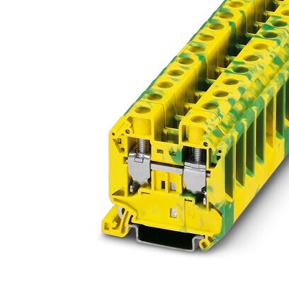 [PHO3044212] Borne de tierra para carril, tipo de conexión: Conexión por tornillo, número de conexiones: 2, sección:1,5 mm² - 25 mm²,  AWG: 16 - 4, anchura: 12,2 mm, altura: 54,4 mm, color: amarillo-verde, clase de montaje: NS 35/7,5, NS 35/15
