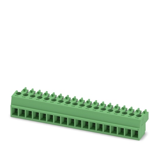[PHO1840337] Conector para placa de circuito impreso, corriente nominal: 8 A, tensión de dimensionamiento (III/2): 160 V, número de polos: 18, paso: 3,81 mm, tipo de conexión: Conexión por tornillo con cápsula de tracción, color: verde, superficie contactos: Estaño