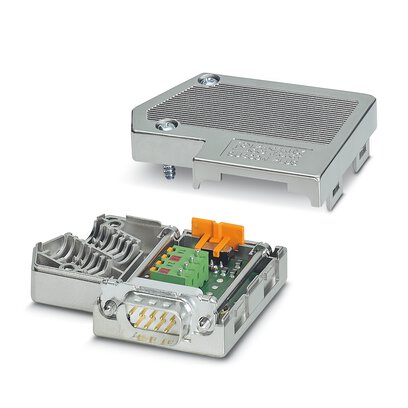 [PHO2744348] Conector D-SUB, 9 polos, pin, dos entradas de cables de menos de 35°, sistema de bus: PROFIBUS DP hasta 12 MBits/s, resistencia de cierre mediante conmutador deslizante, asignación de pines: 3, 5, 6, 8; bornes de conexión por resorte