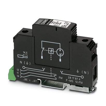 [PHO2817974] Descargador de sobretensiones tipo 2, compuesto por elemento de base con contacto de indicación remota (FM) y protección enchufable con descargador de arco de corriente suma N-PE, para montaje sobre NS 35/7,5, anchura de la carcasa: 17,5 mm (1UD)