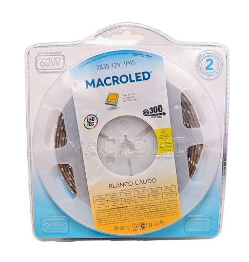 [CORWW-C300-FW12-IP45] TIRA 2835 MACROLED BCO CALIDO IP45 - DC12V - 12W - 60 LED X 5MTS