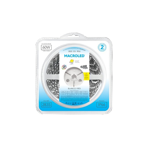 [CORCW-C300-FW12-IP66] TIRA 2835 MACROLED BCO FRIO IP66 - DC12V - 12W - 60 LED X 5 MTS